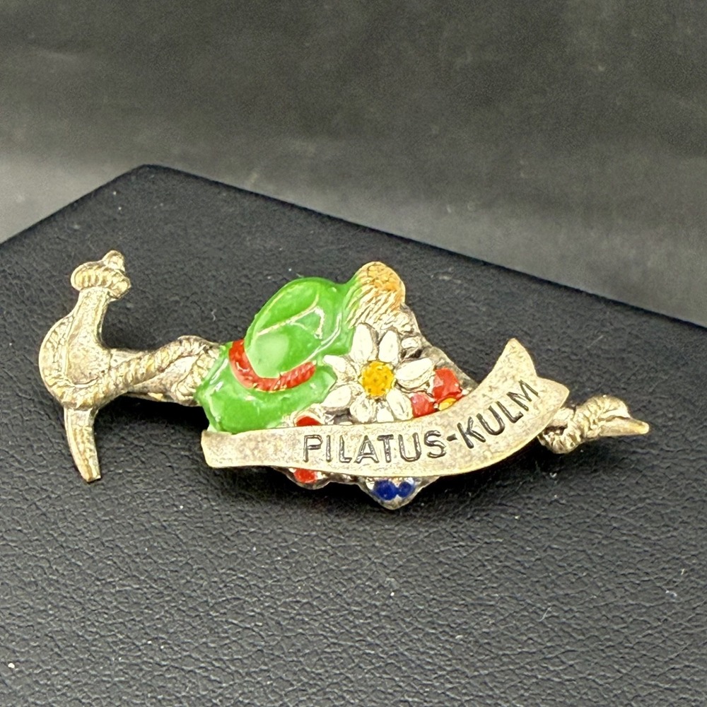 Vintage Estate Brooch Silver Tone Switzerland Pilatus-Kulm Enamel Ski Axe